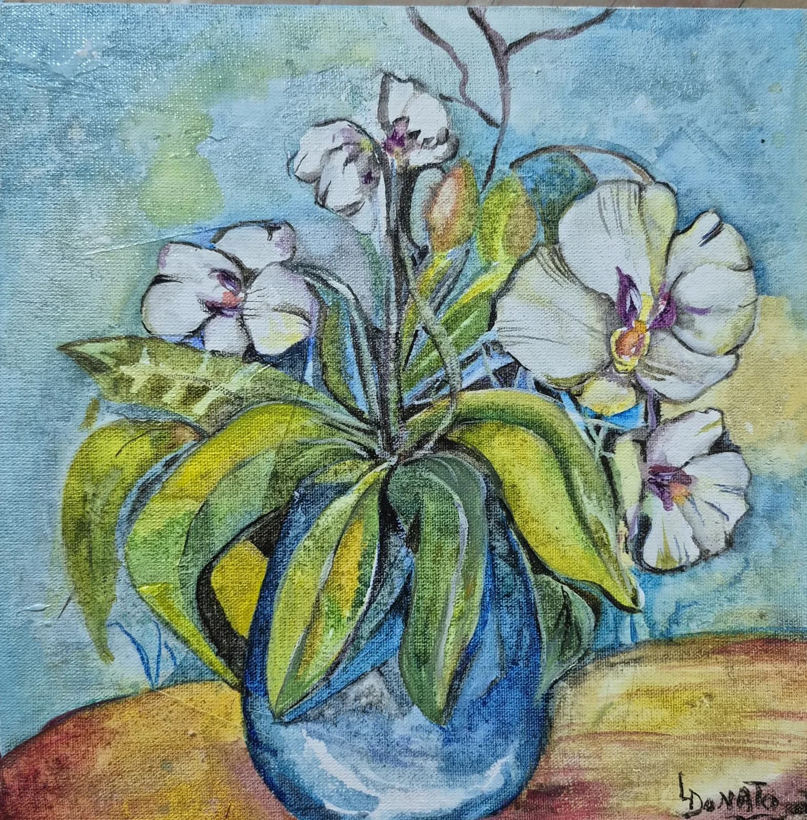 Orquideas, acuarela en bastidor, 20 x 20 cm