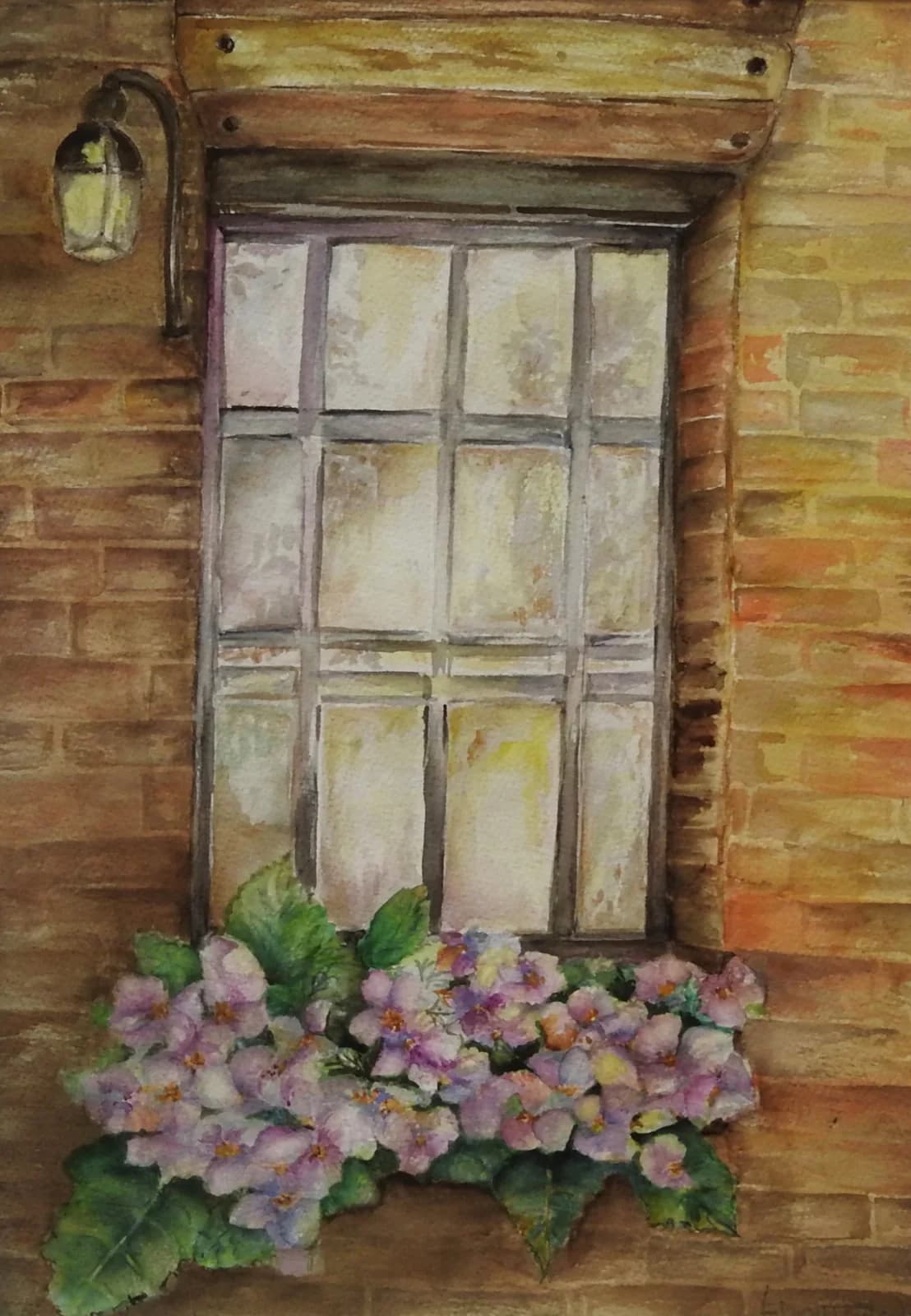 Ventana con Hortensias, acuarela, 26,5 x 37,5 cm